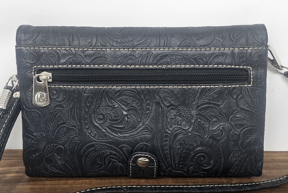 P&G Western Concho Wallet Organizer Wristlet Crossbody Black Faux Turquoise - Picture 2 of 11